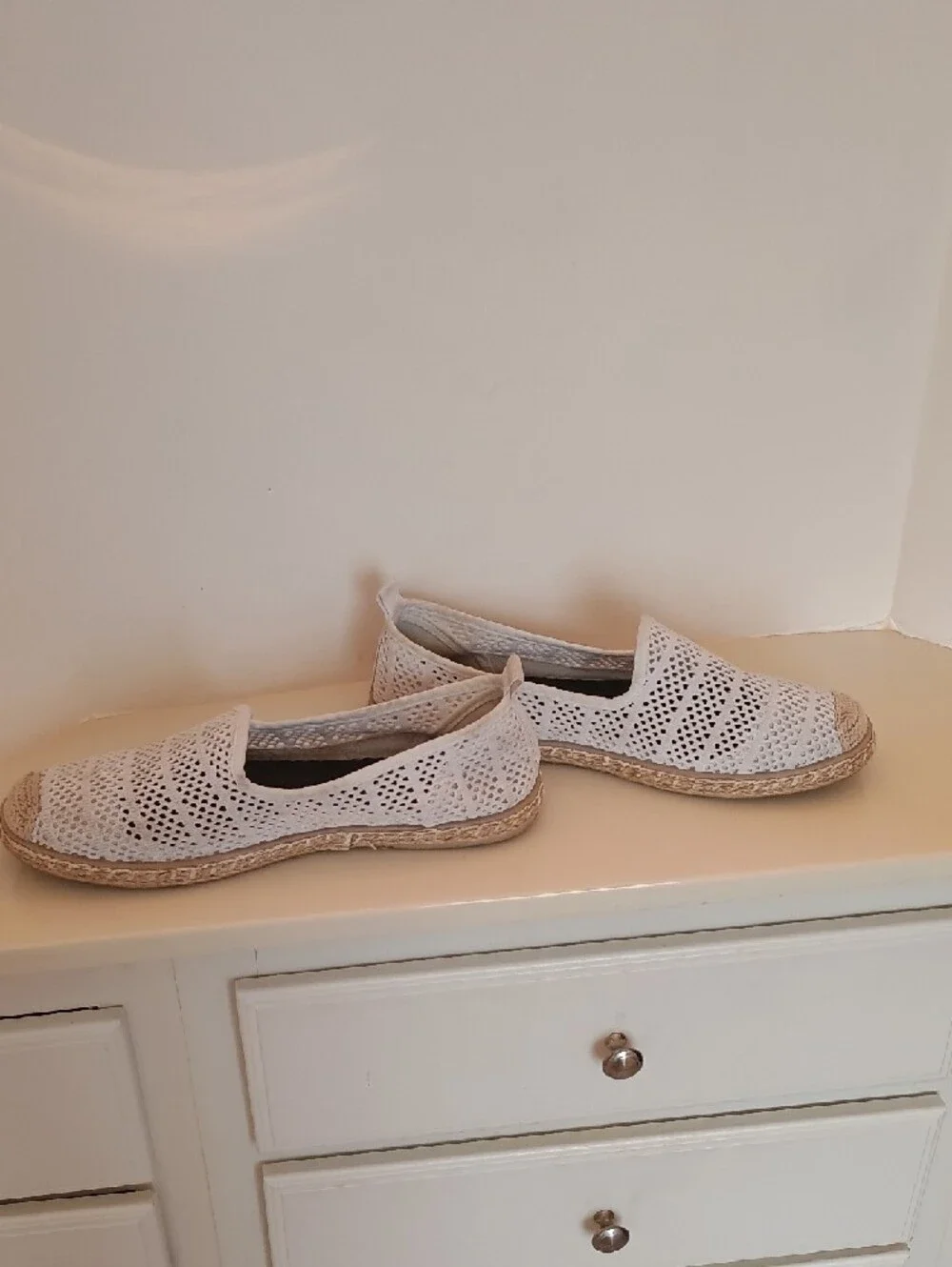 Women’s White Crochet Espadrille Heart Design Slip-On Shoes Flats